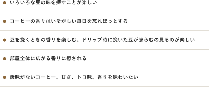 ・いろいろな豆の味を探すことが楽しい・コーヒーの香りはいそがしい毎日を忘れほっとする・豆を挽くときの香りを楽しむ、ドリップ時に挽いた豆が膨らむの見るのが楽しい・部屋全体に広がる香りに癒される・酸味がないコーヒー、甘さ、トロ味、香りを味わいたい